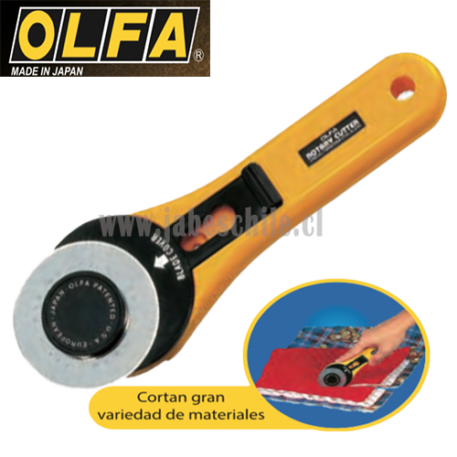 Cuchillo Rotativo Olfa RTY-3G 60mm. Ideal para cortar: Telas, Papel, Cartulina, etc. Cuchillo apto para diestros y zurdos.