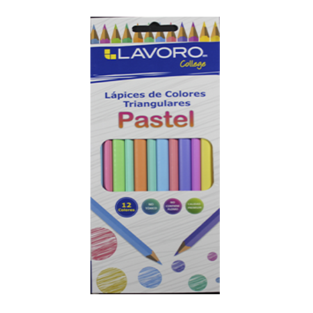 Lápiz de color Pastel Lavoro.  Ideal para colorear a gusto trabajos y tareas escolares, así como para utilizar de manera libre. Cuerpo Triangular y mina de 3mm. 12 colores.