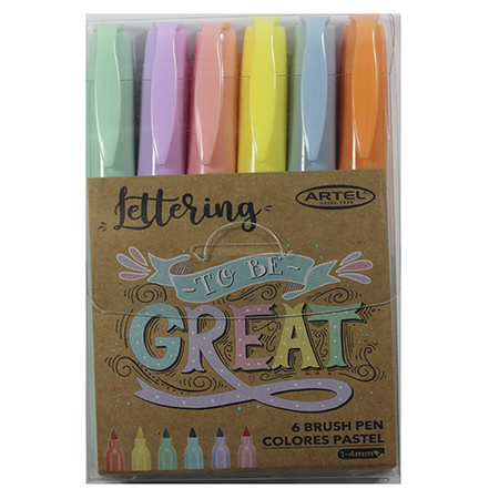Brush Pen tonos Pastel.  Punta 1-4mm.  6 colores.  Ideal para dibujar letras, practicar lettering y los trazos que desees. Artel.